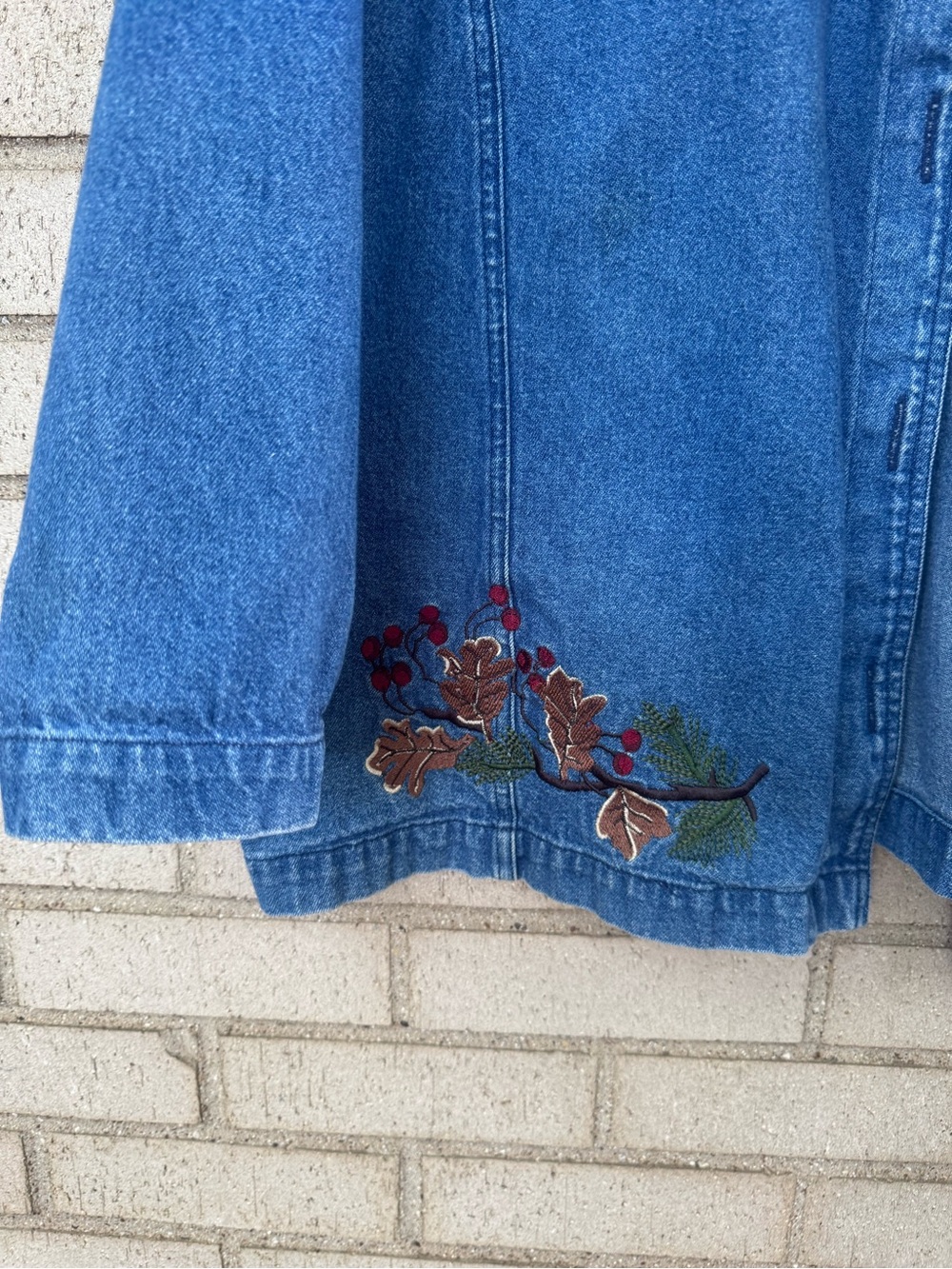 Vintage Blue Denim Shacket Jacket Fall Floral Embroidery Cotton 2X - Picture 3 of 7